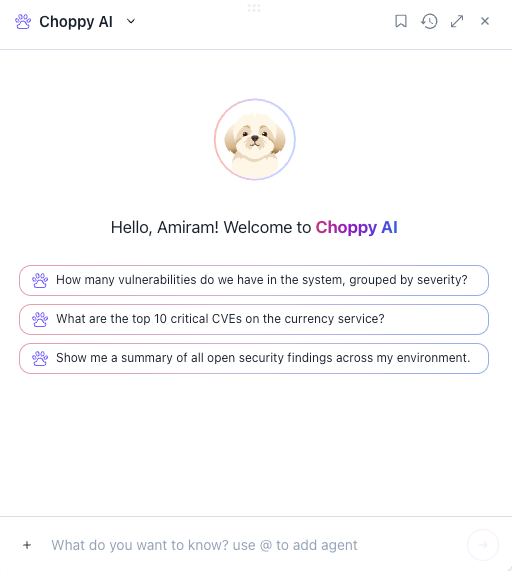 Interface do Choppy AI com perguntas sugeridas sobre vulnerabilidades, CVEs e findings de segurança.