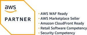 Selo AWS Partner: WAF Ready, Marketplace Seller, CloudFront Ready, Retail Software e Security Competency