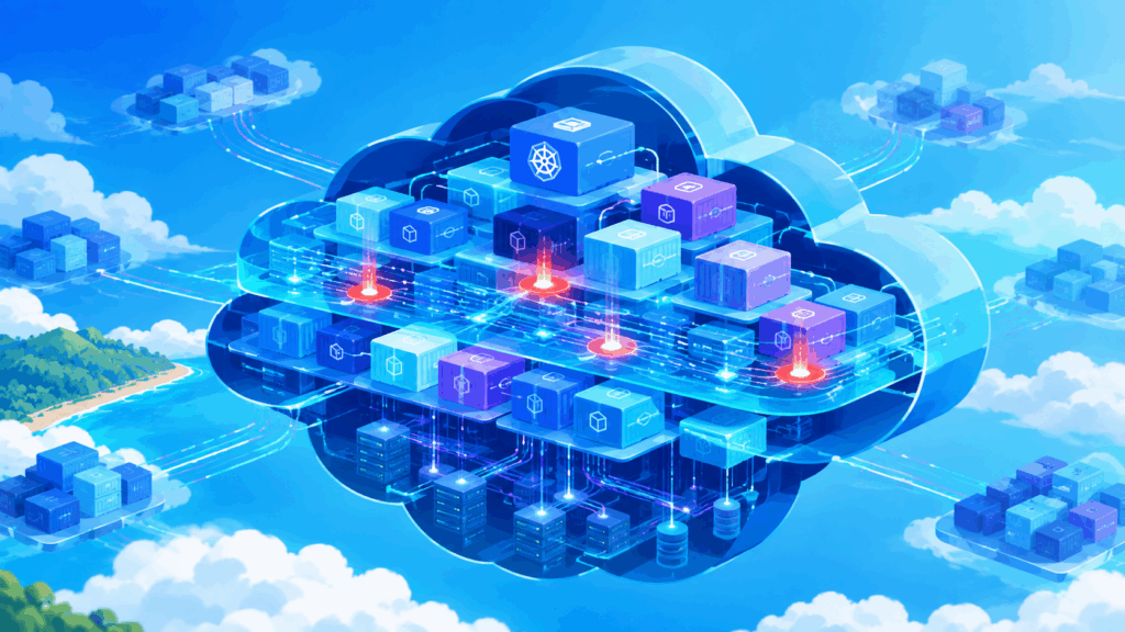 agora, um texto alternativo para ela
Ilustração da tecnologia Runtime Security da Upwind, com infraestrutura cloud-native, containers e workloads interconectados, representando o monitoramento contínuo de aplicações, a análise de atividades em tempo real e a identificação de riscos na nuvem.
