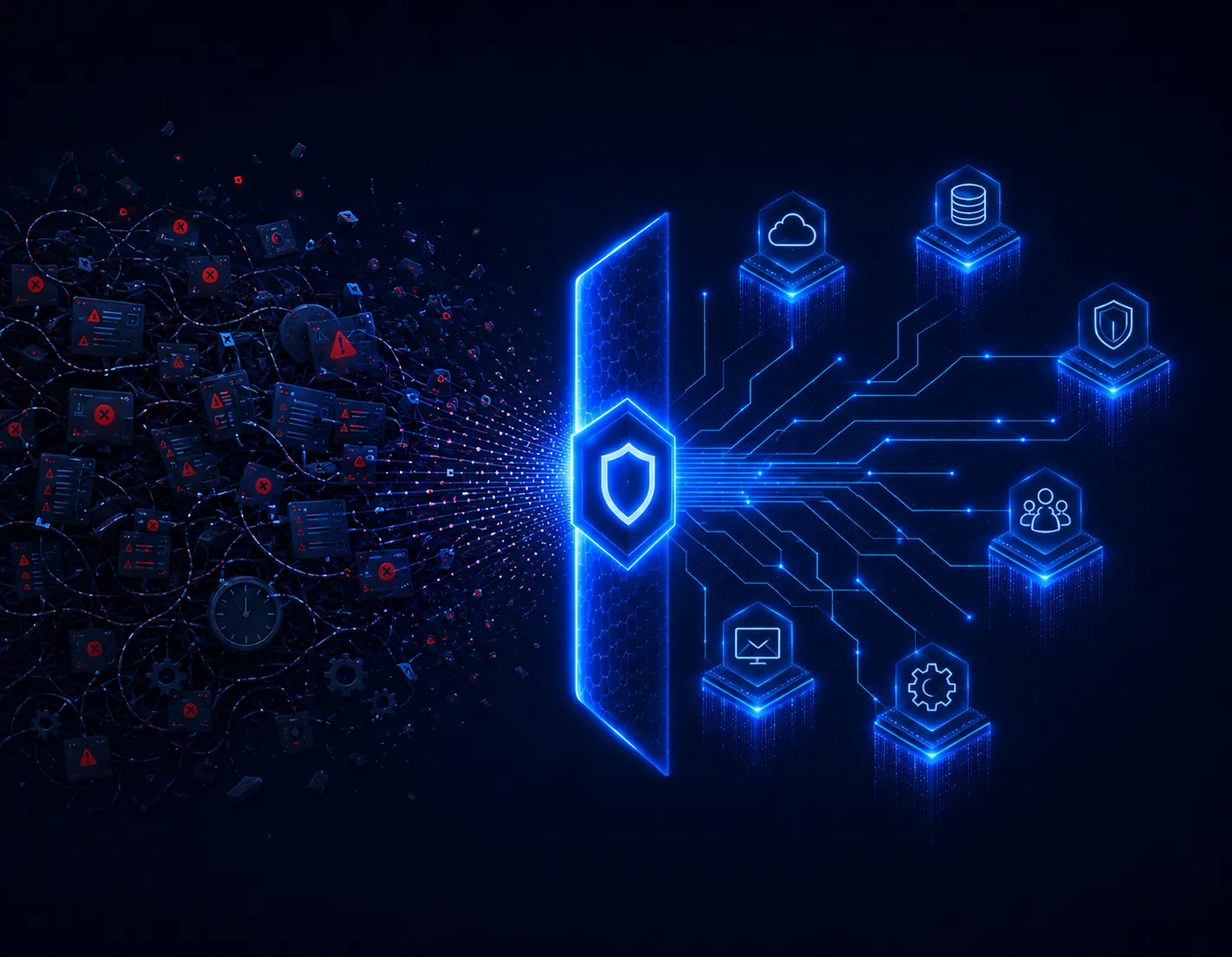 Escudo digital bloqueando ameaças e protegendo nuvem, dados, endpoints e usuários