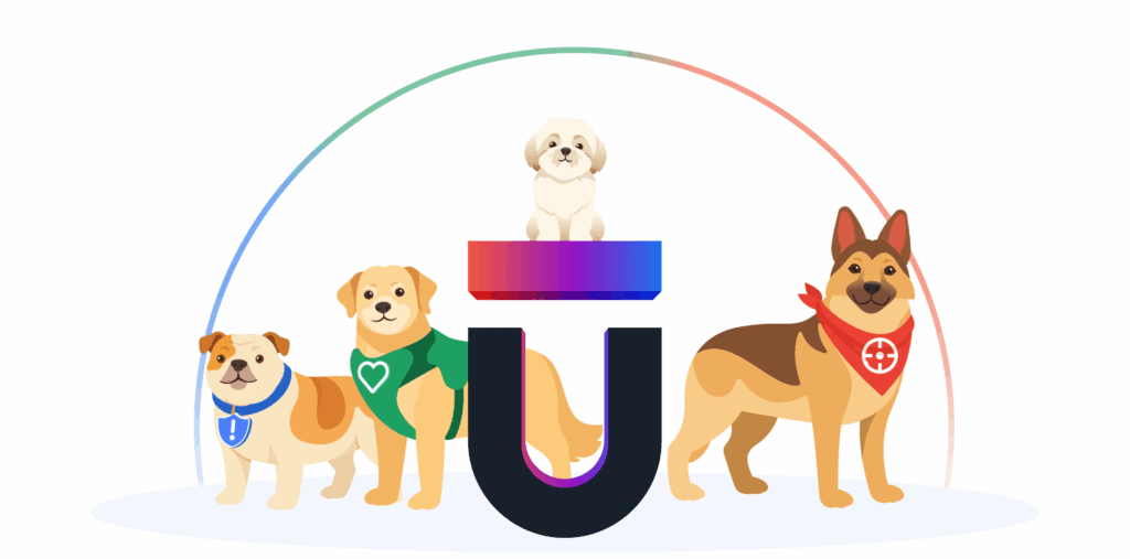 Os “cachorrinhos da Upwind” representam os agentes de inteligência artificial do Upwind Agentic Pack: Choppy coordena as operações, Blue investiga ameaças, Red valida riscos exploráveis e Green apoia a remediação de vulnerabilidades em ambientes cloud.