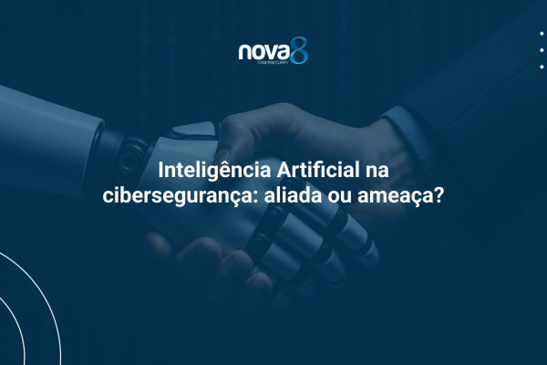 Aperto de mãos entre um robô e um humano de terno, com fundo escuro repleto de linhas de código, ilustrando o tema “Inteligência Artificial na cibersegurança: aliada ou ameaça?” pela Nova8.