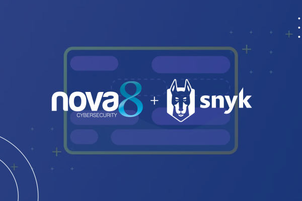 Logos da Nova8 Cybersecurity e Snyk lado a lado em fundo azul, simbolizando parceria estratégica em segurança de aplicações.